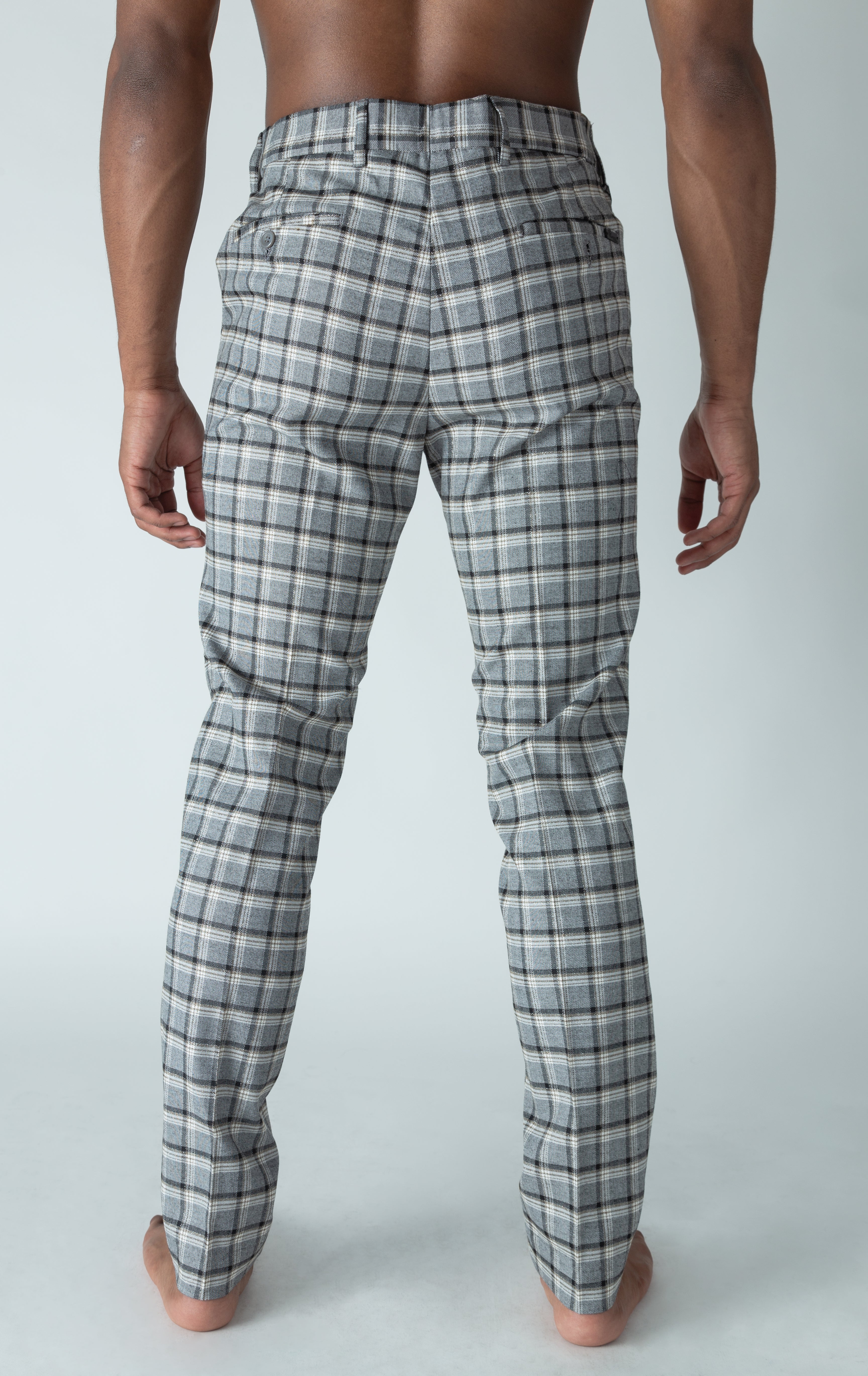 Men's grey chino pants with a checkered plaid design. The pants feature an elastic waistband for comfort and stretch, and are made from a lightweight cotton-spandex blend fabric. Inseam is 32 inches.
