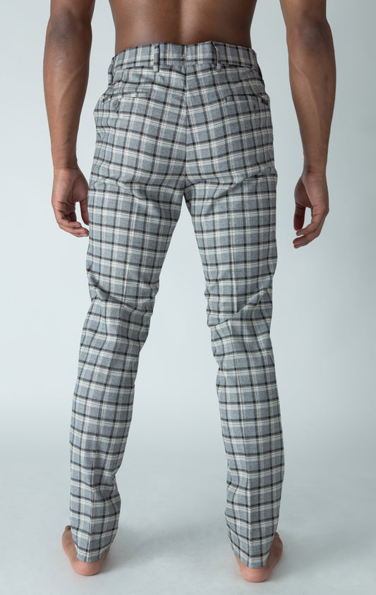 Men's grey chino pants with a checkered plaid design. The pants feature an elastic waistband for comfort and stretch, and are made from a lightweight cotton-spandex blend fabric. Inseam is 32 inches.