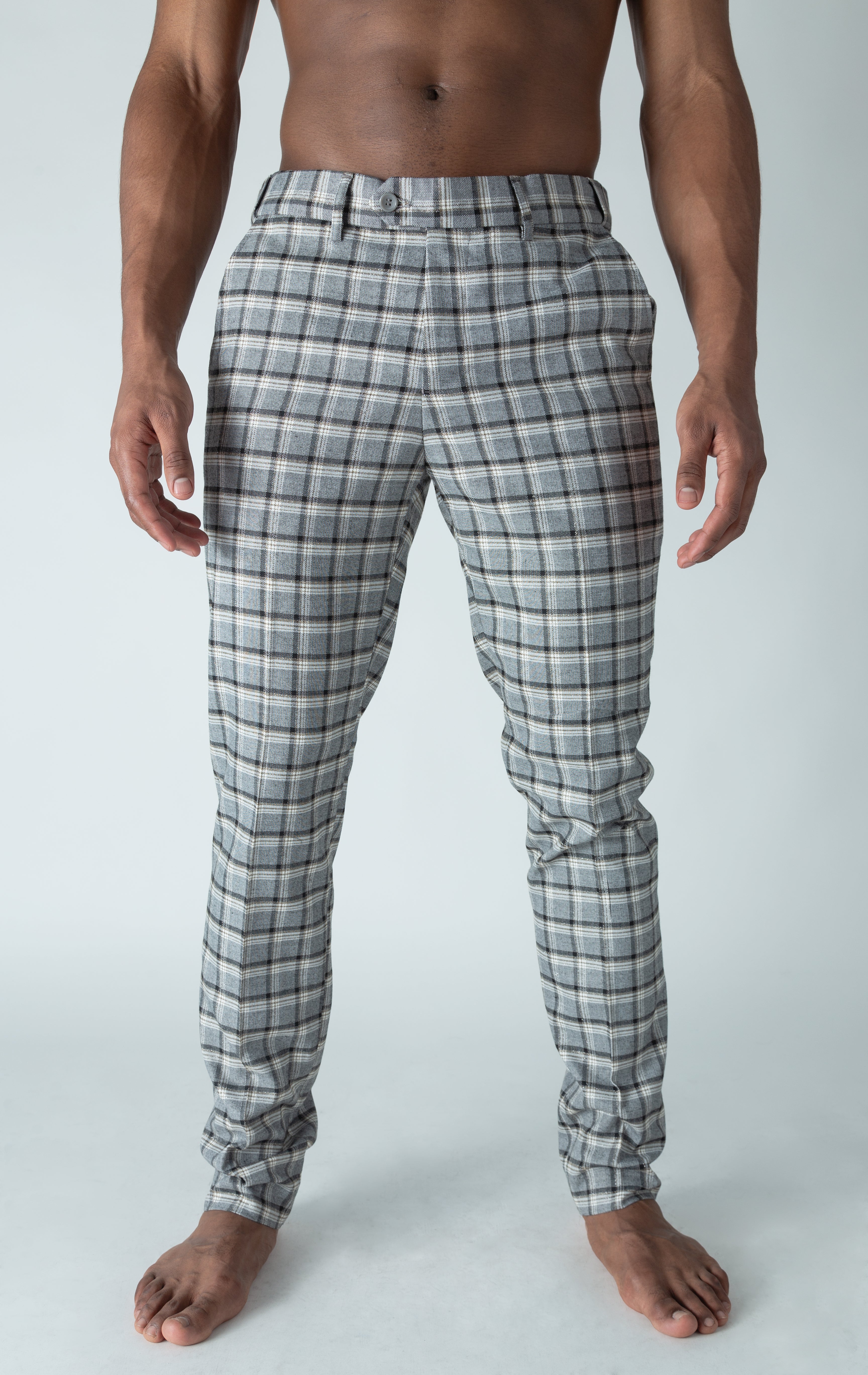 Men's grey chino pants with a checkered plaid design. The pants feature an elastic waistband for comfort and stretch, and are made from a lightweight cotton-spandex blend fabric. Inseam is 32 inches.