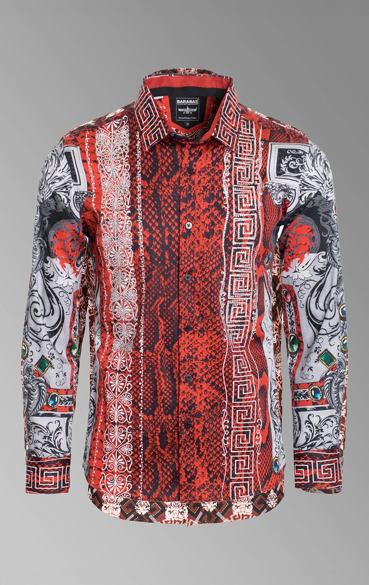 Summer Night Stone button-up shirt from Under the Sun featuring bold floral, Greek key pattern, rhinestone, Medusa, and jewels prints, lightweight, long-sleeve design.