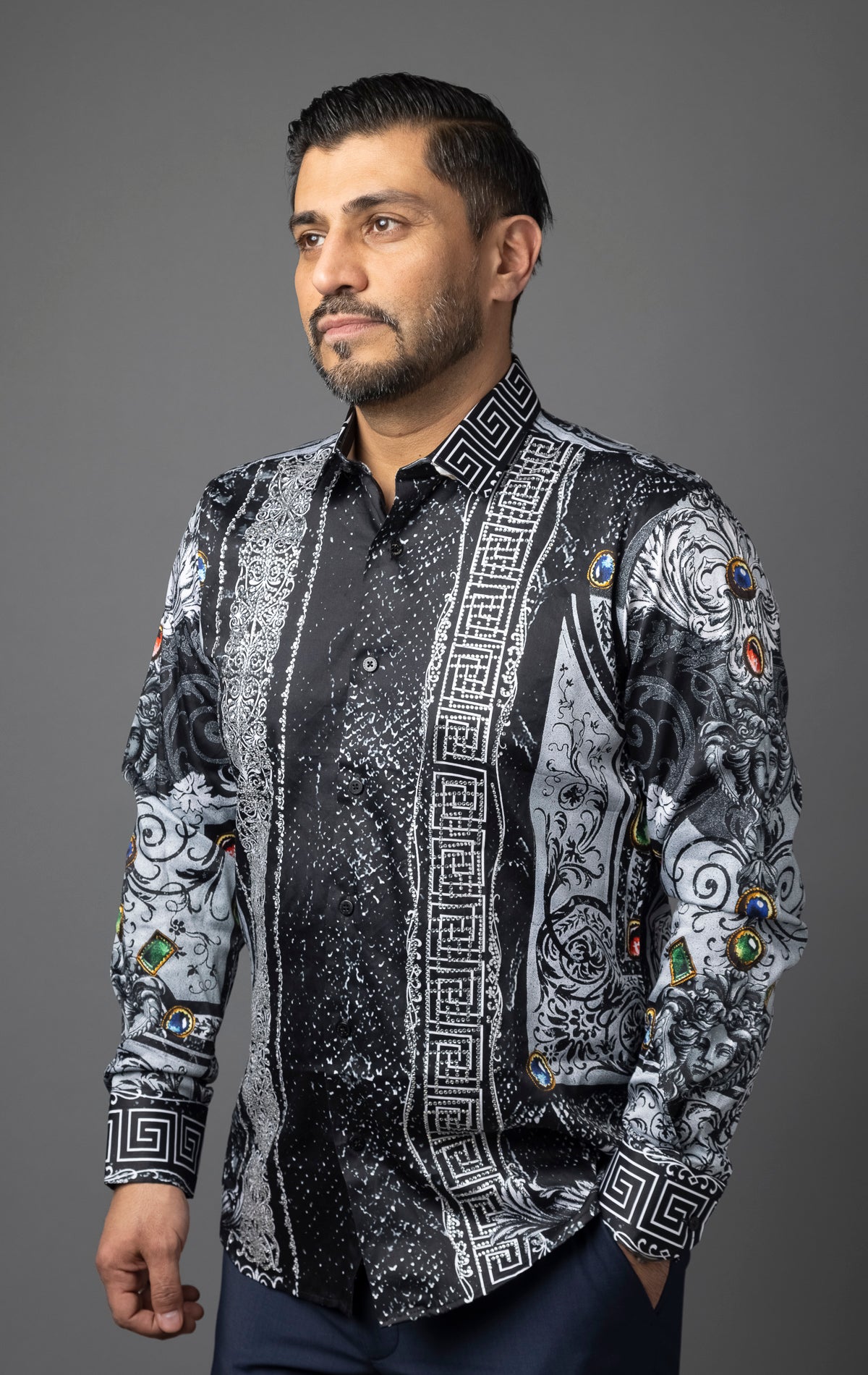 Summer Night Stone button-up shirt from Under the Sun featuring bold floral, Greek key pattern, rhinestone, Medusa, and jewels prints, lightweight, long-sleeve design.