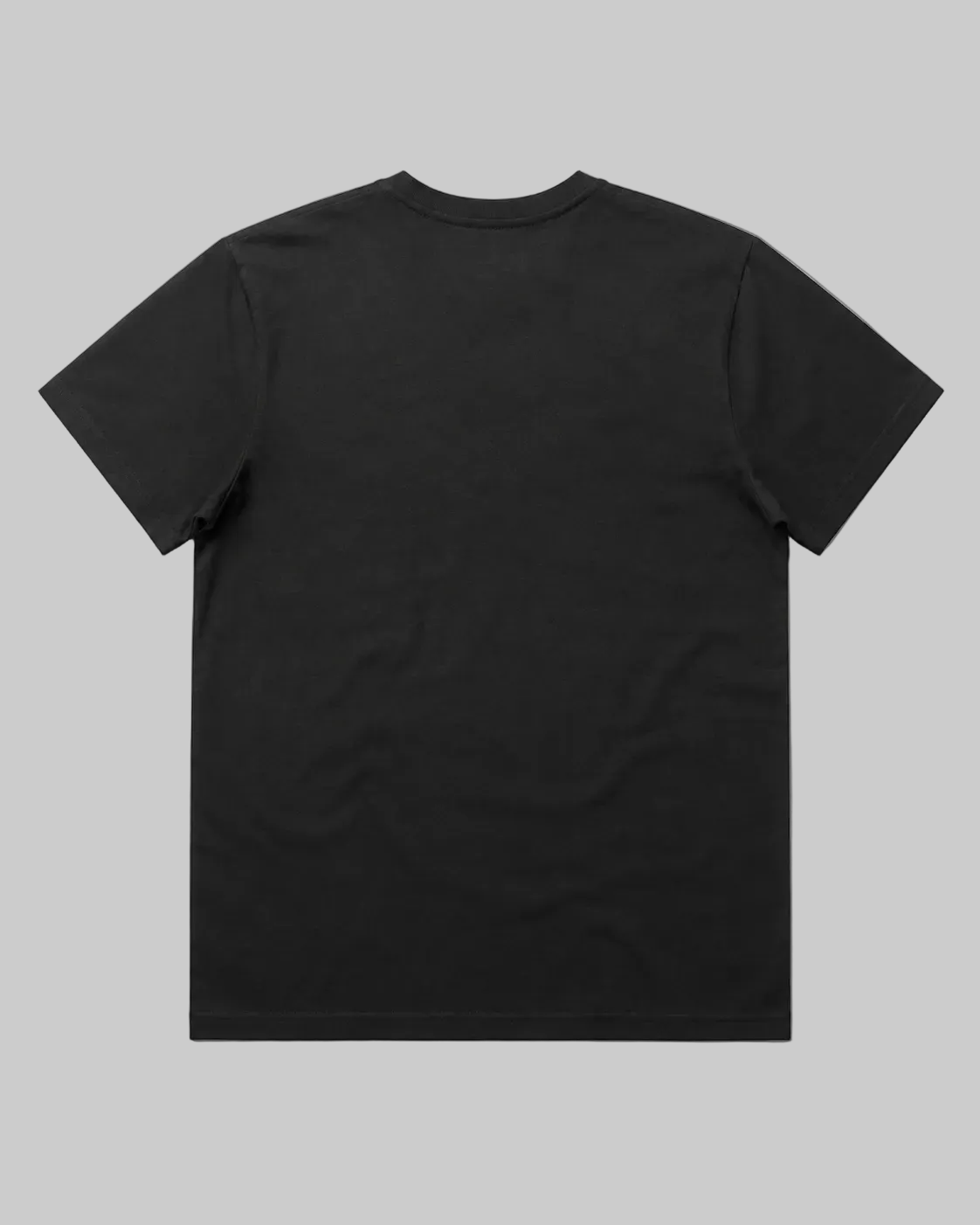 A black short-sleeve crewneck t-shirt shown from the back, laid flat against a light gray background.