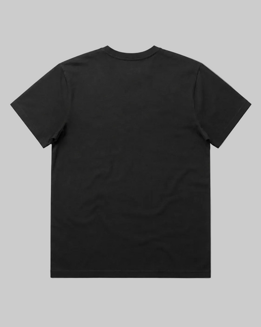 A black short-sleeve crewneck t-shirt shown from the back, laid flat against a light gray background.