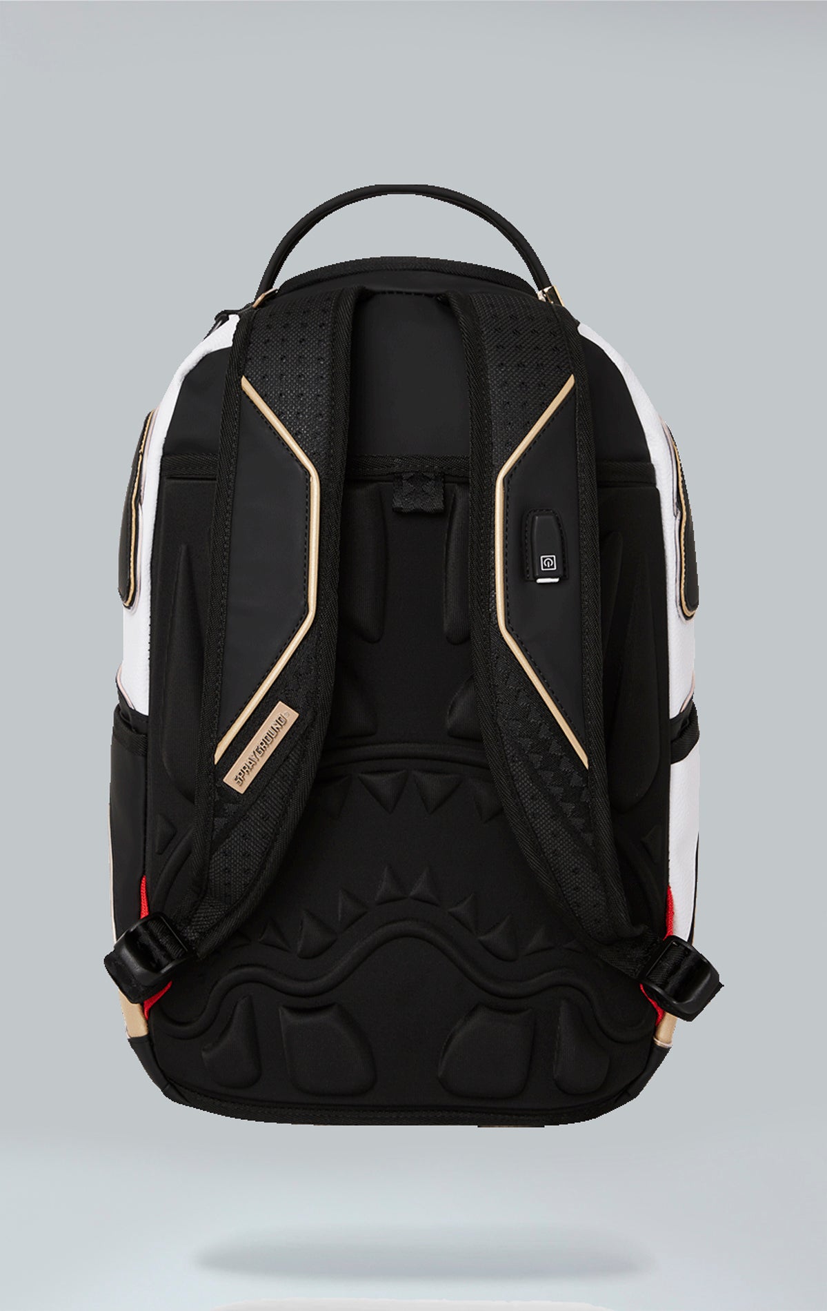 Sprayground x Formula E Jaguar backpack with built-in LED lights. Black water-resistant PVC backpack with Formula E Jaguar design. Includes laptop compartment, organizer pocket, and USB cable for charging. Note: Lithium battery inside, check with airline before travel.