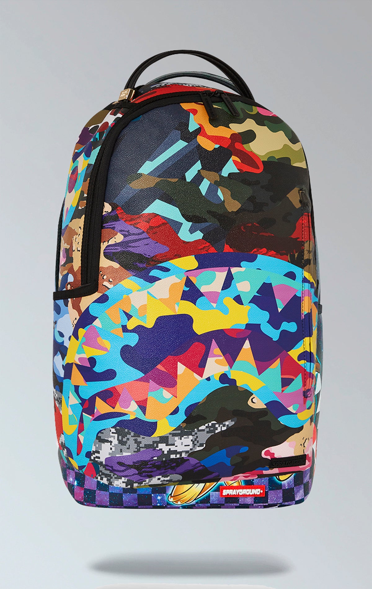 Sprayground Sliced & Dice Camo Backpack. The backpack is made from durable faux leather (100% PVC) in a camouflage print and features a variety of pockets, a separate velour sunglass compartment, ergonomic mesh back padding, adjustable straps, and a slide through back sleeve that connects to carry-on luggage.  pen_spark     tune  share   more_vert