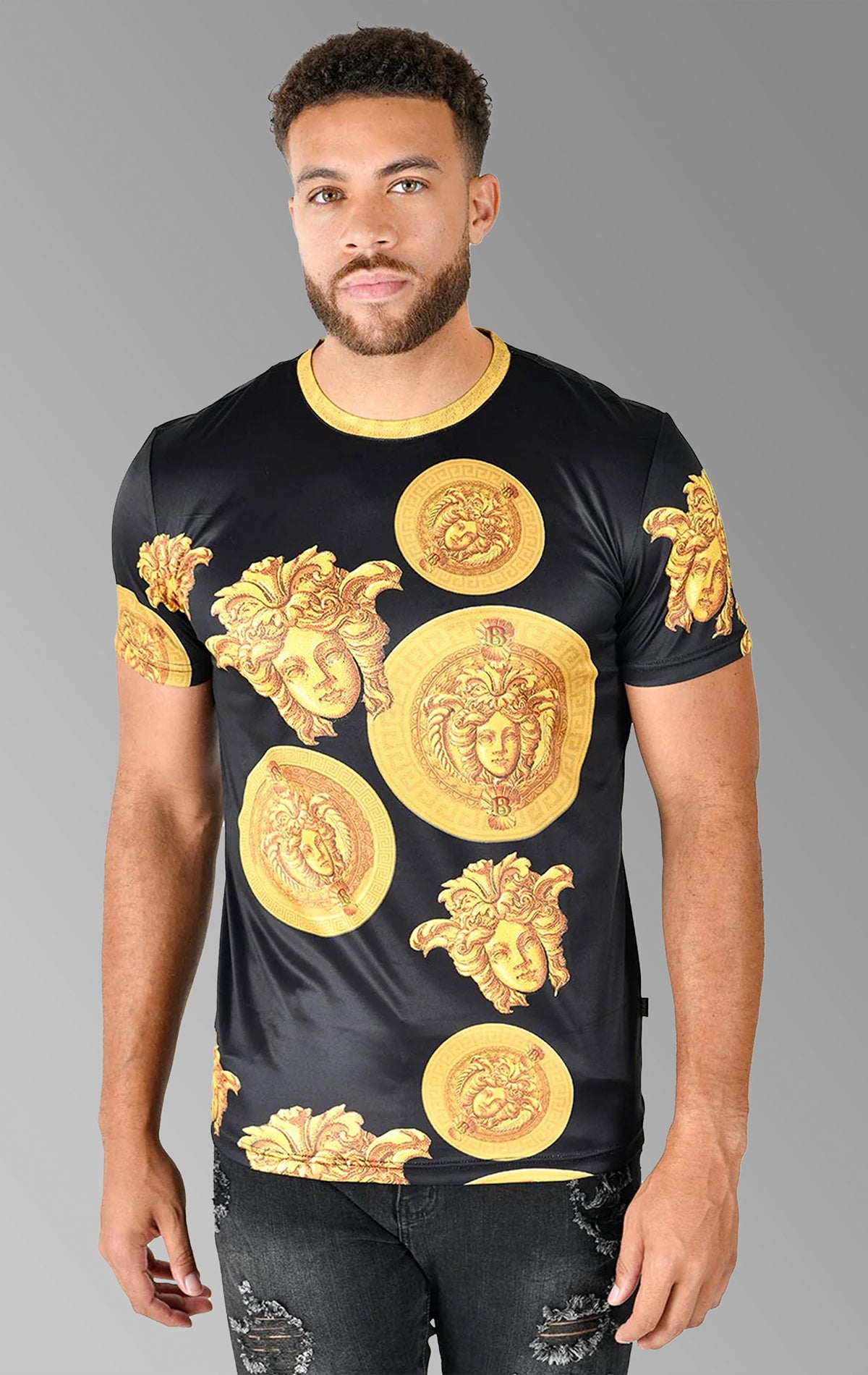 Men's crew neck shirt with Medusa and Greek key pattern print, baroque design, short sleeves