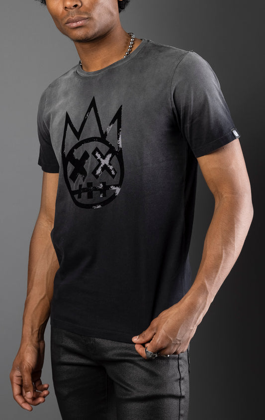 Vintage grey cotton tee with weathered look, oversized distressed felt flocking Shimuchan logo on the front, and signature 'XX' on the back.