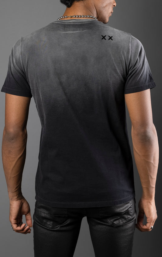 Vintage grey cotton tee with weathered look, oversized distressed felt flocking Shimuchan logo on the front, and signature 'XX' on the back.