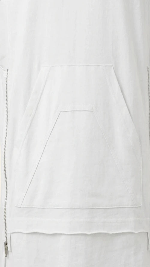 Close-up of a white top with a pocket and zipper detail on a light gray background