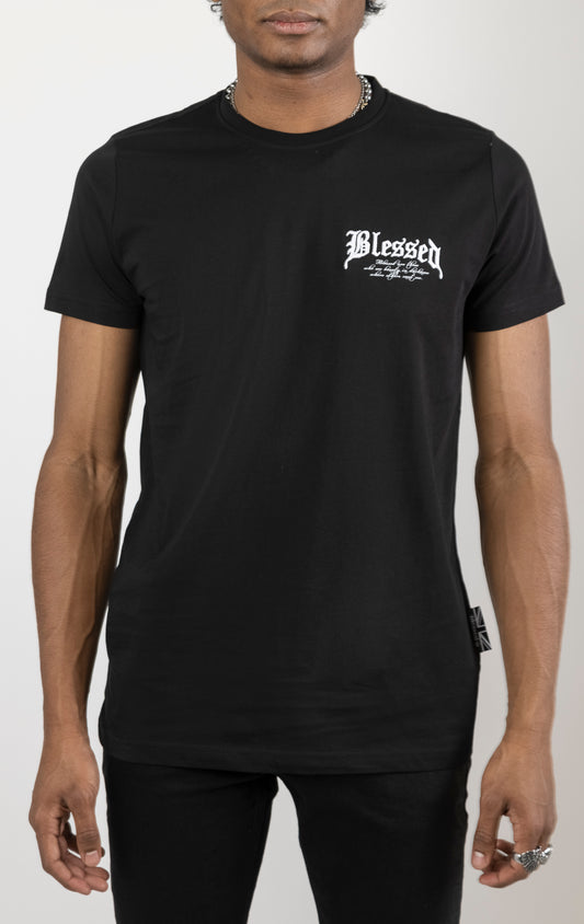 Men's regular fit t-shirt in black. The shirt features a slightly elongated sleeve, a fitted neckline, and a straight body. It has "Blessed with Beauty" printed on the front and back with 3D embroidery. Made from 100% cotton jersey (190gsm). A "blessed" slogan is printed on the inner neck binding and a woven side seam tab with "blessed" is also included.