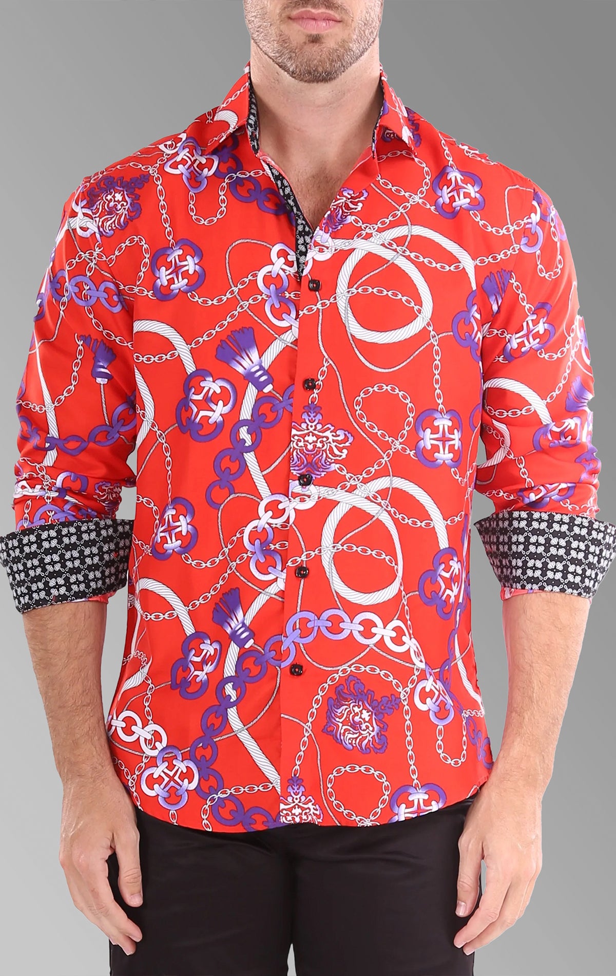 Bold Chains, Tassels, and Motif Print Long Sleeve Shirt with modern fit, adjustable cuffs, tailored waist, contrast side gussets, and signature contrast buttons.