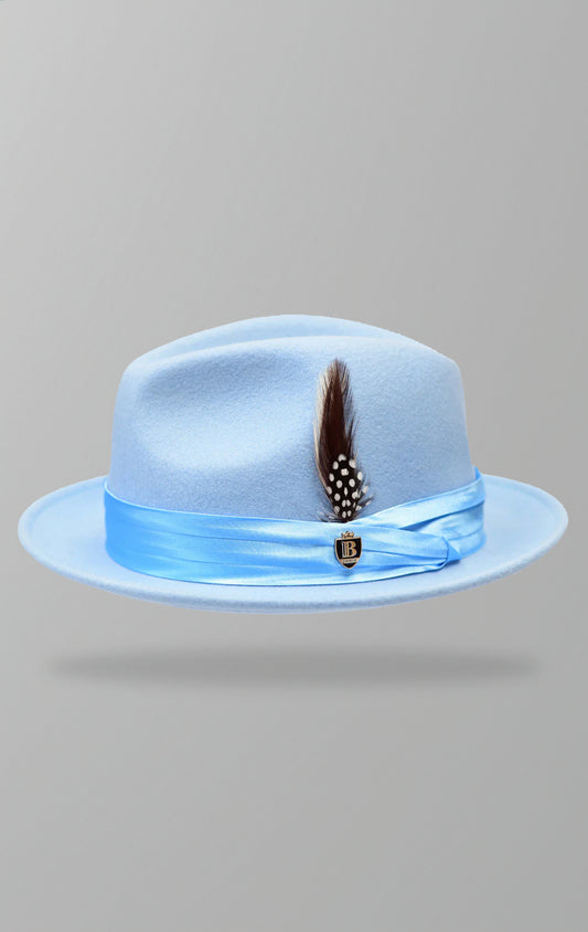 Classic wool fedora crafted from 100% fine Australian wool with a 2.25-inch brim, satin hat band, and removable logo pin.