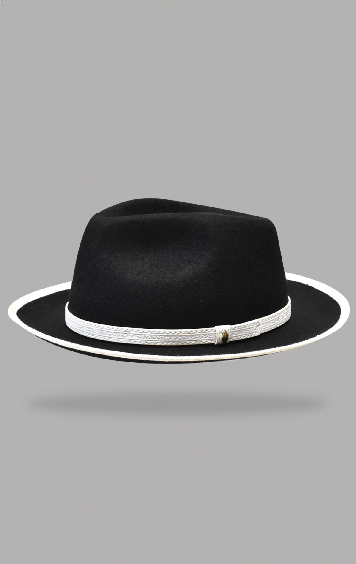 C-Shaped Crown Fedora with vegan leather band, diamond stud, and adjustable sizing string.