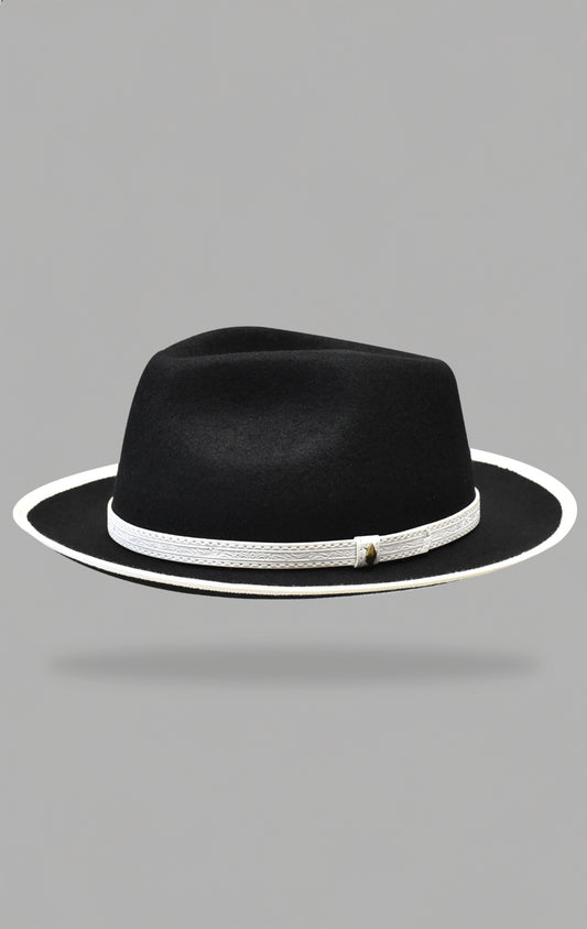 C-Shaped Crown Fedora with vegan leather band, diamond stud, and adjustable sizing string.