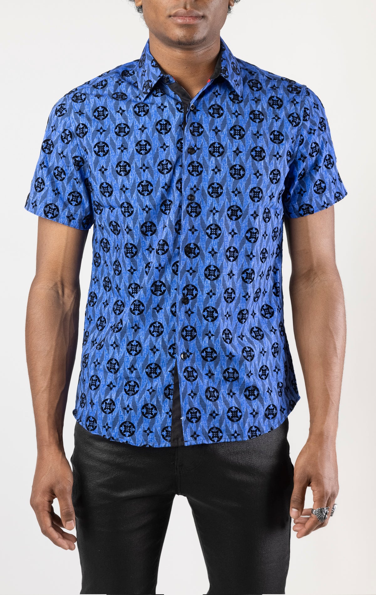 blue Men's casual, relaxed-fit button-down shirt with a short sleeve design. The shirt features an all-over Greek key pattern and a front button closure.