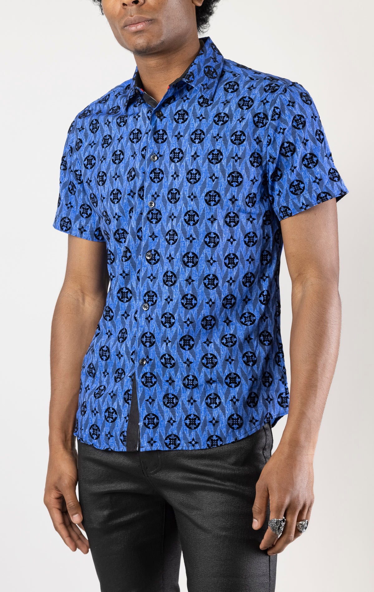 Blue Men's casual, relaxed-fit button-down shirt with a short sleeve design. The shirt features an all-over Greek key pattern and a front button closure.