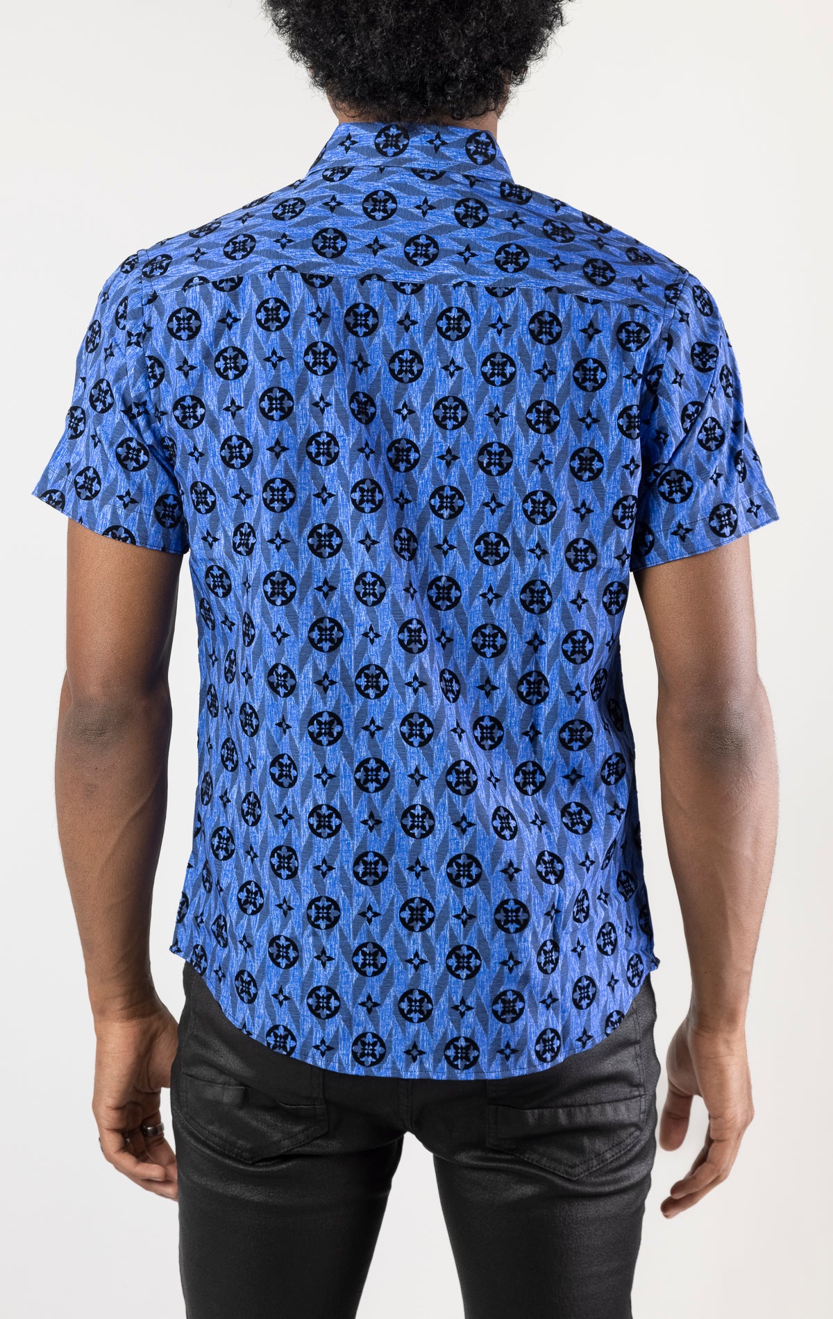 Blue Men's casual, relaxed-fit button-down shirt with a short sleeve design. The shirt features an all-over Greek key pattern and a front button closure.