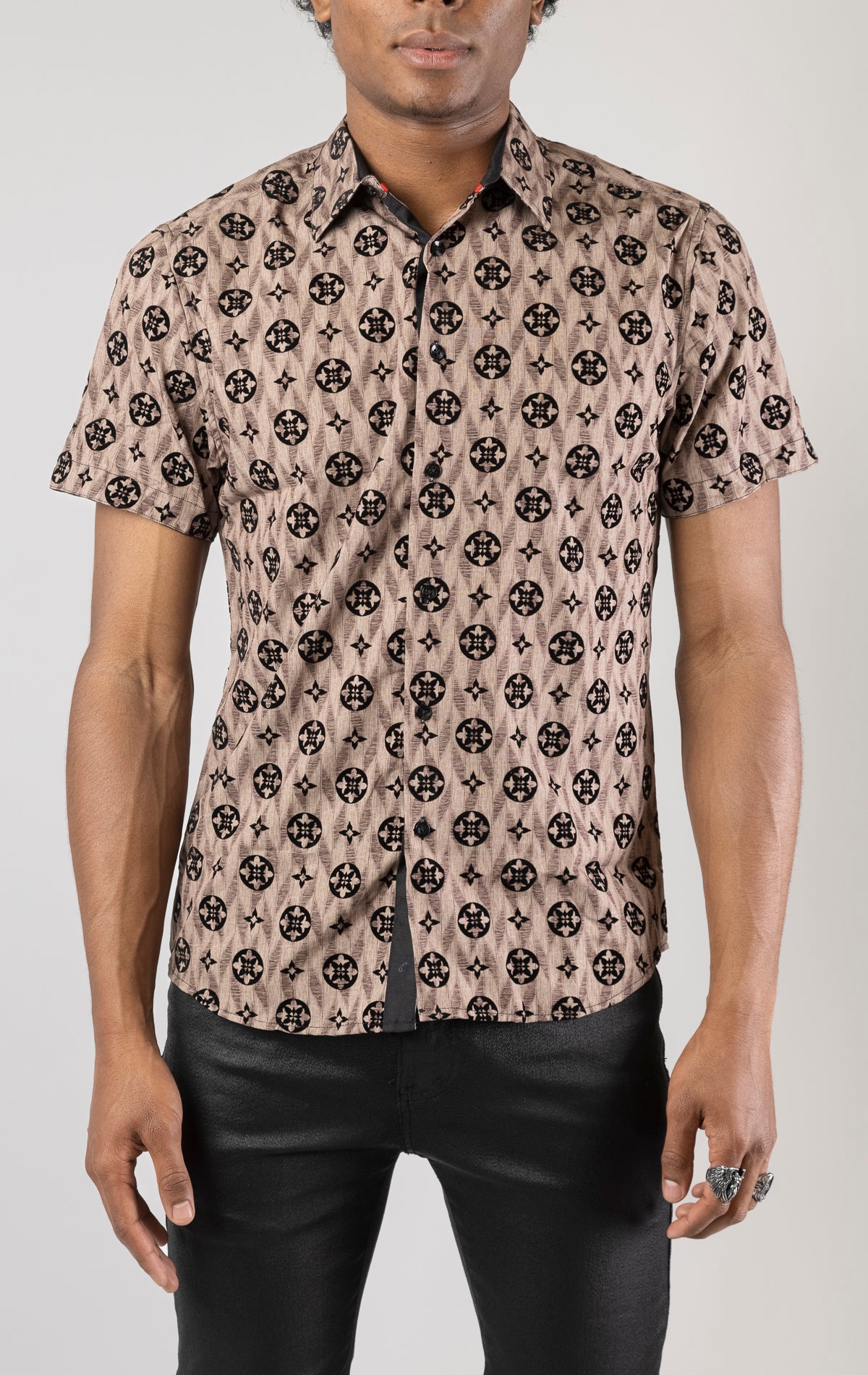brown Men's casual, relaxed-fit button-down shirt with a short sleeve design. The shirt features an all-over Greek key pattern and a front button closure.