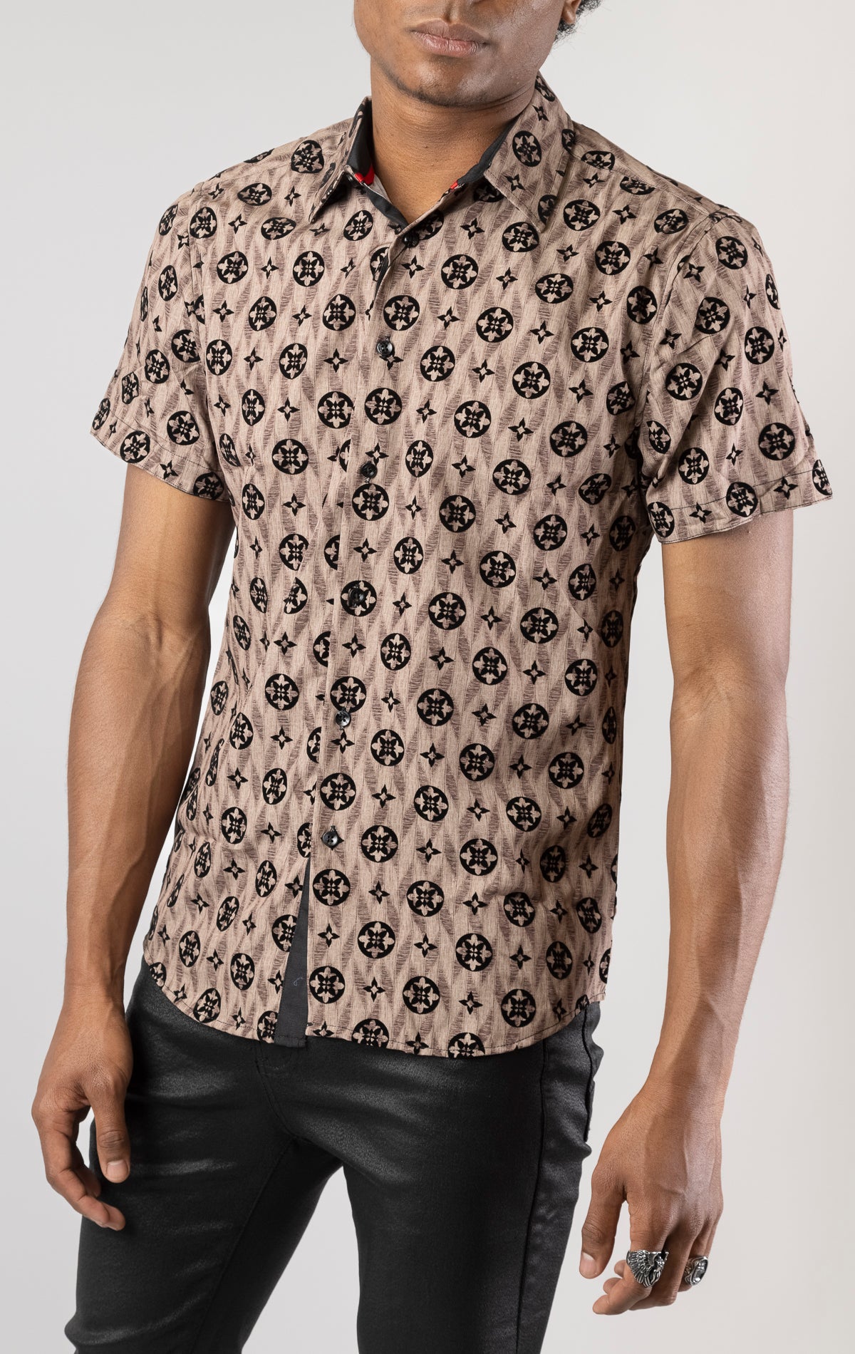 Brown Men's casual, relaxed-fit button-down shirt with a short sleeve design. The shirt features an all-over Greek key pattern and a front button closure.