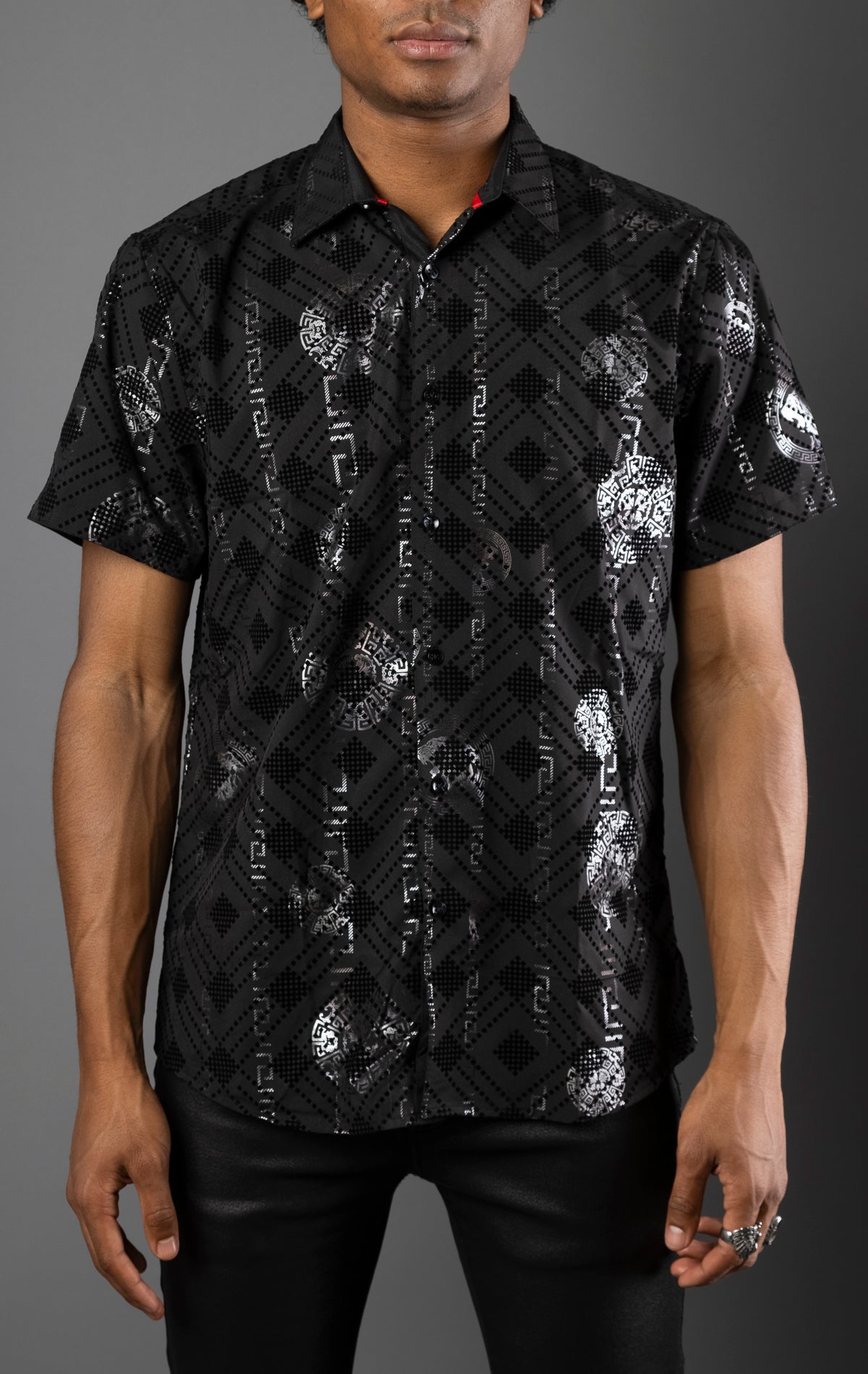 black Men's casual, relaxed-fit button-down shirt with a short sleeve design. The shirt features an all-over Greek key pattern and a front button closure.