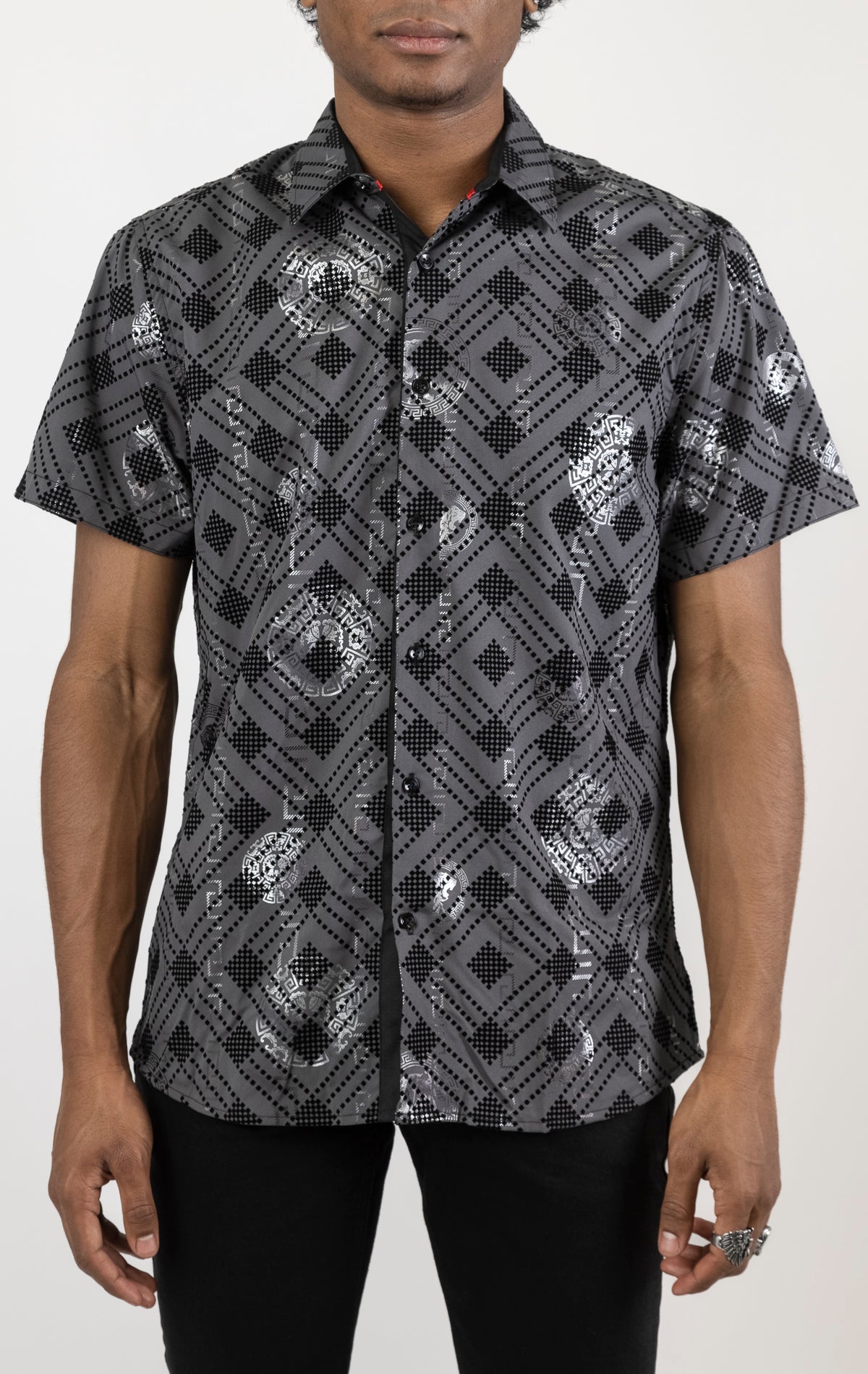 Men's modal blend button-down shirt in black. The shirt is made from a 95% modal and 5% spandex blend and features a modern cut, fade-resistant color, and a classic button-down collar.