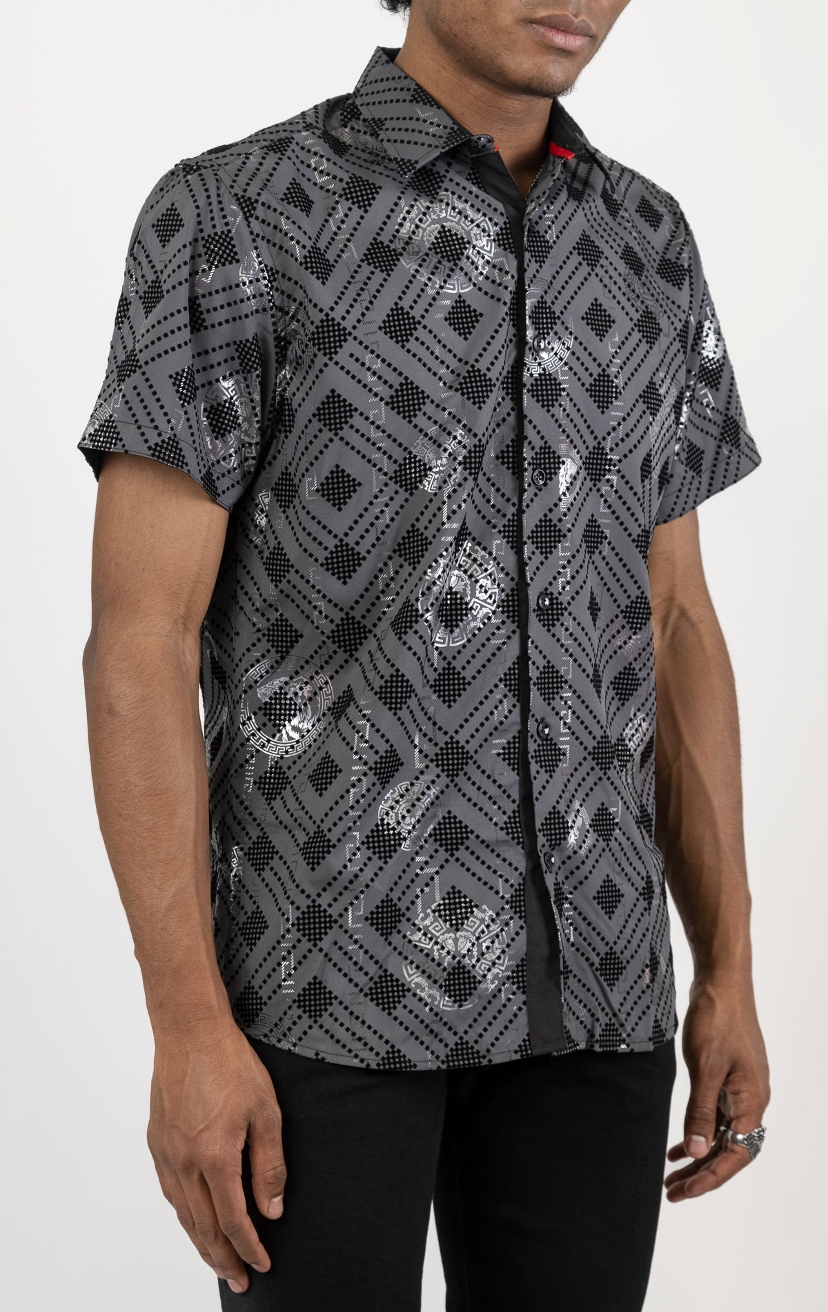 Men's modal blend button-down shirt in black. The shirt is made from a 95% modal and 5% spandex blend and features a modern cut, fade-resistant color, and a classic button-down collar.