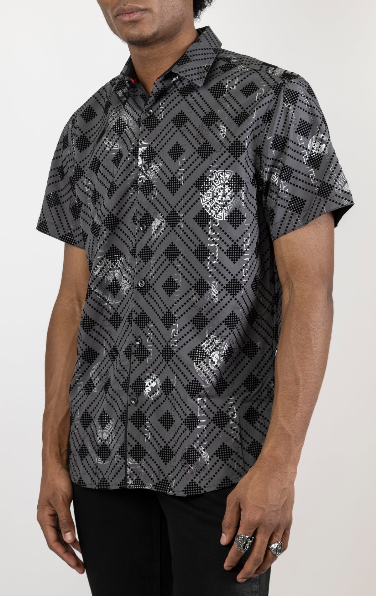 Men's modal blend button-down shirt in black. The shirt is made from a 95% modal and 5% spandex blend and features a modern cut, fade-resistant color, and a classic button-down collar.