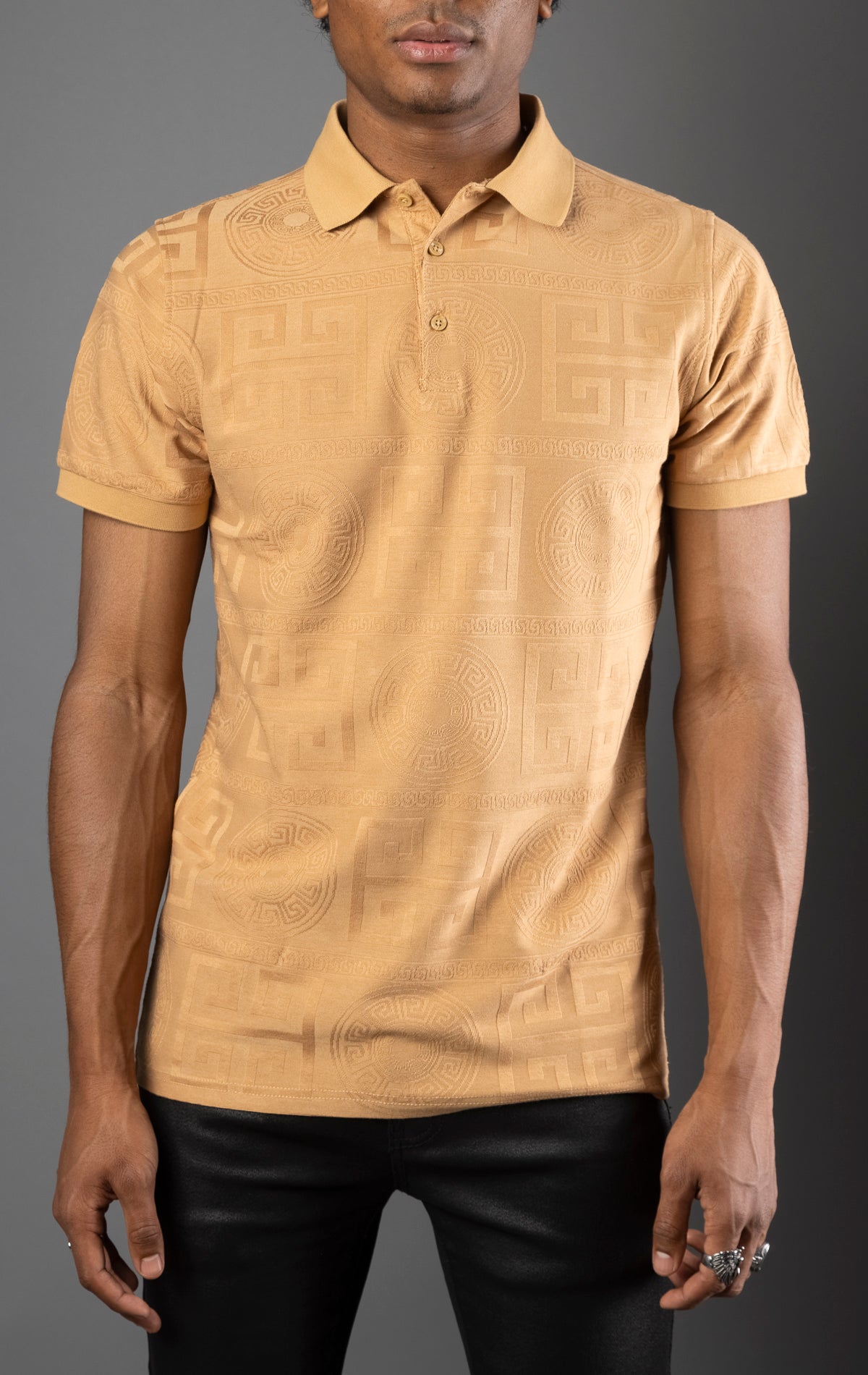 Khaki Men's regular-fit, short-sleeve polo shirt. The shirt features a seamless Greek pattern and a classic polo design