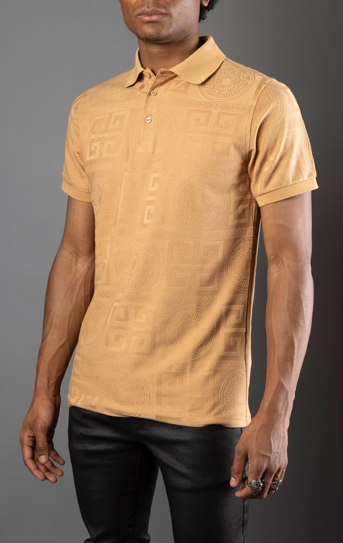 Khaki Men's regular-fit, short-sleeve polo shirt. The shirt features a seamless Greek pattern and a classic polo design