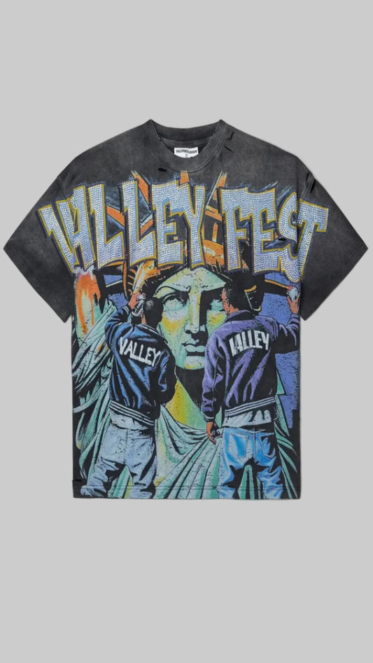 T-shirt with 'Valley Fest' graphic design on a white background