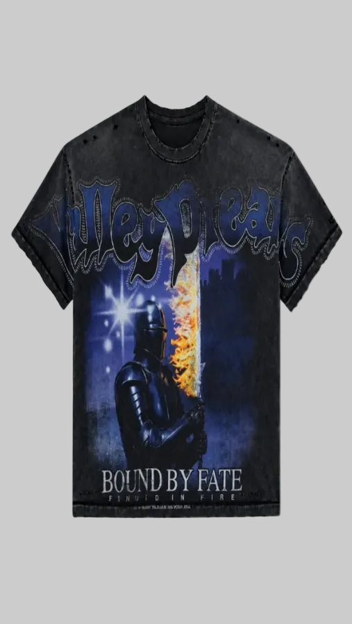 A black acid-wash short-sleeve t-shirt featuring a graphic print of a knight in armor holding a glowing sword, with the text 'Valley Dreams' and 'Bound by Fate' on a white background.