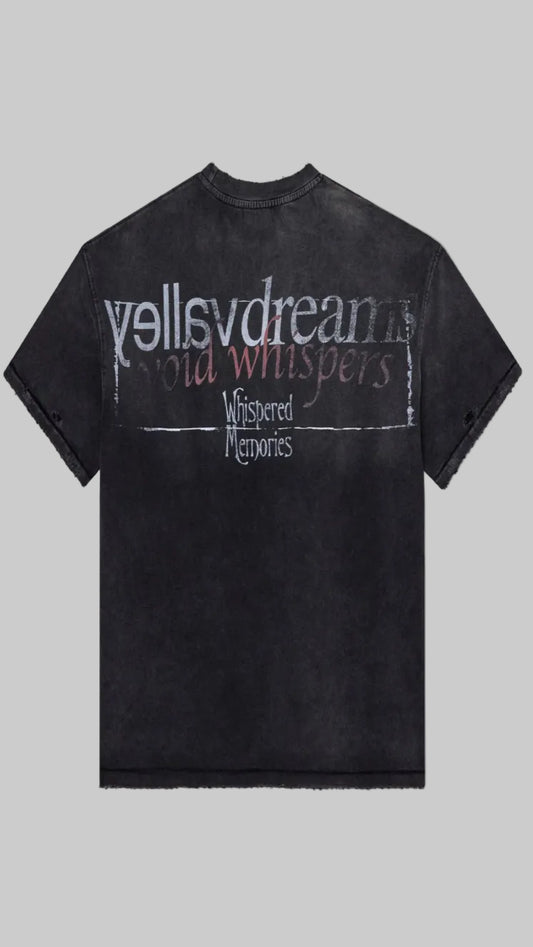 A washed black short-sleeve t-shirt with a distressed graphic print on the front reading 'yellavdreams", "void whispers" and "Whistpered Memories" in white and red lettering, shown against a plain white background.