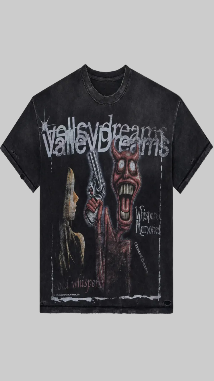 A black mineral-wash graphic t-shirt featuring the brand Valley Dreams and 'Whispered Memories' album inspired artwork, shown flat against a white background.