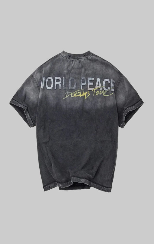 Black t-shirt with 'World Peace Dreams Tour' text on a grey background