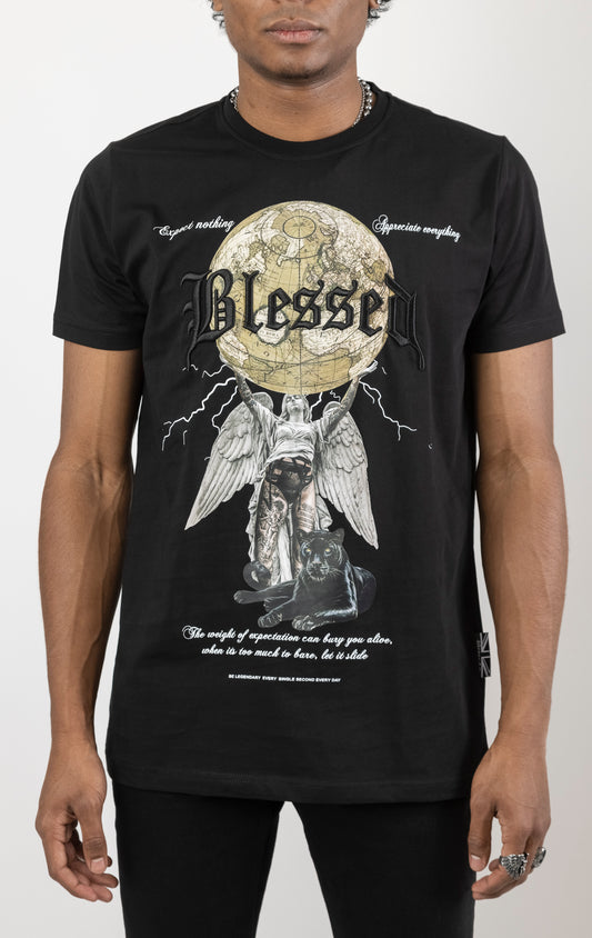 Men's regular fit t-shirt in a variety of colors. The shirt features a slightly elongated sleeve, a comfortable fit through the shoulders and body, and a "Weight of Expectations" front print with 3D embroidery.  Made from 100% cotton jersey (190gsm).  A "blessed" slogan is printed on the inner neck binding and a woven side seam tab with "blessed" is also included.
