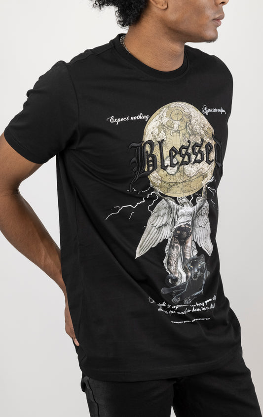 Men's regular fit t-shirt in a variety of colors. The shirt features a slightly elongated sleeve, a comfortable fit through the shoulders and body, and a "Weight of Expectations" front print with 3D embroidery.  Made from 100% cotton jersey (190gsm).  A "blessed" slogan is printed on the inner neck binding and a woven side seam tab with "blessed" is also included.
