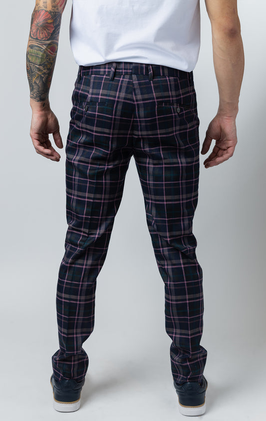 Men's purple chino pants with a checkered plaid design. The pants feature an elastic waistband for comfort and stretch, and are made from a lightweight cotton-spandex blend fabric. Inseam is 32 inches.