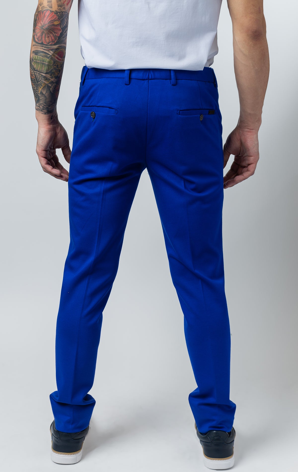 back side of blue casual/formal pants for men