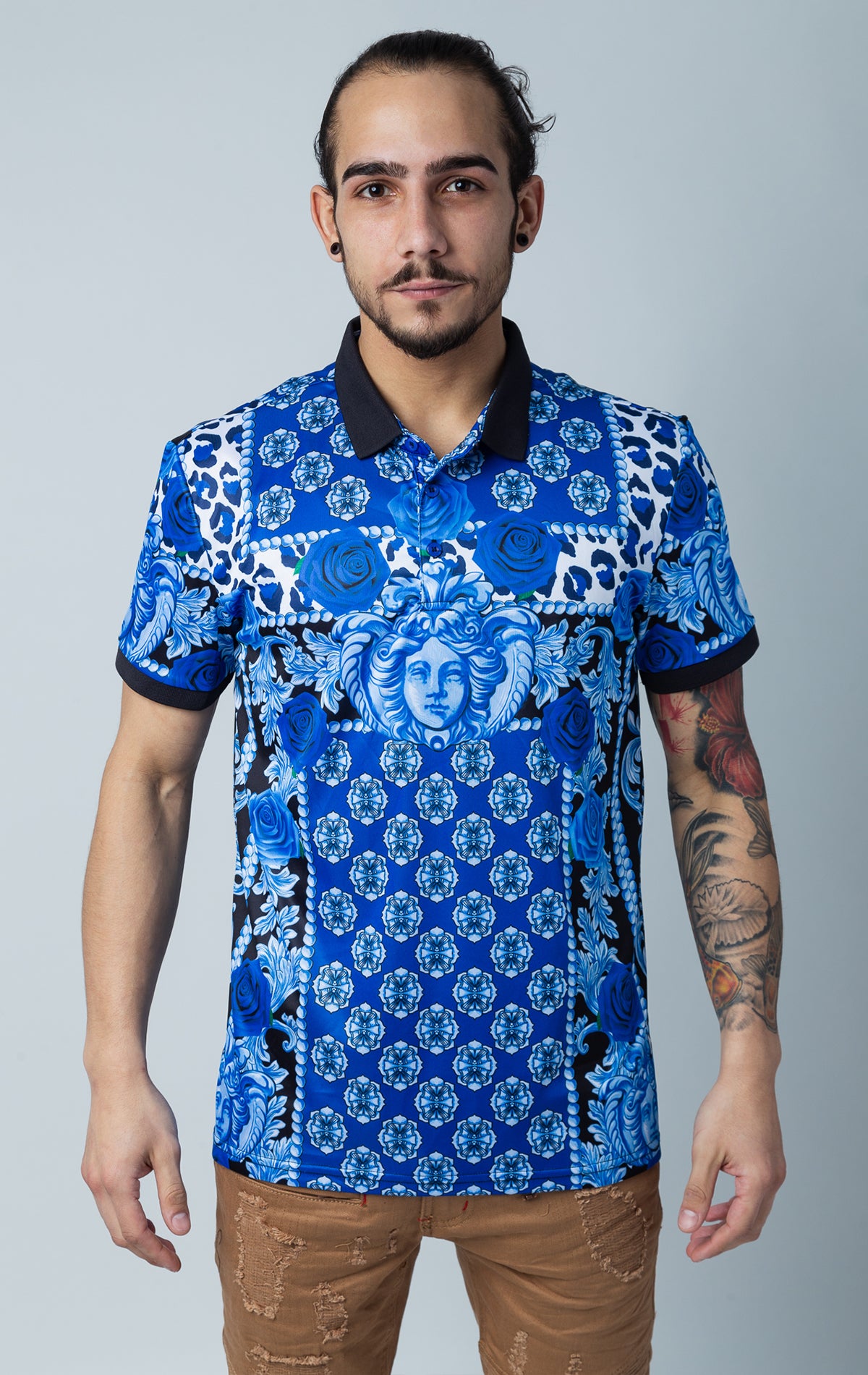 Stylized all over graphic polo shirt with collared detailing, short-sleeved composition, three button front fastening, luxuriously-crafted cotton blend.