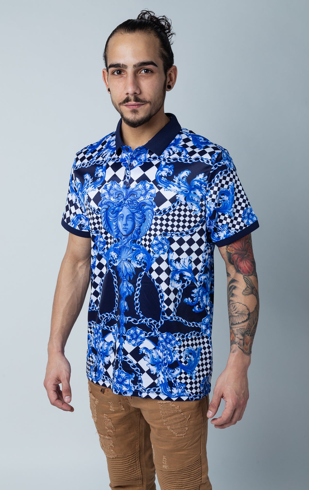 Stylized all over graphic polo shirt with collared detailing, short-sleeved composition, three button front fastening.