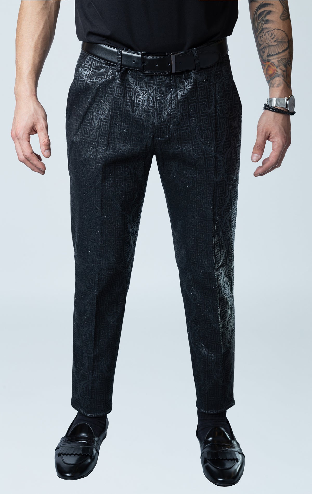 Black greek key pattern designer pants