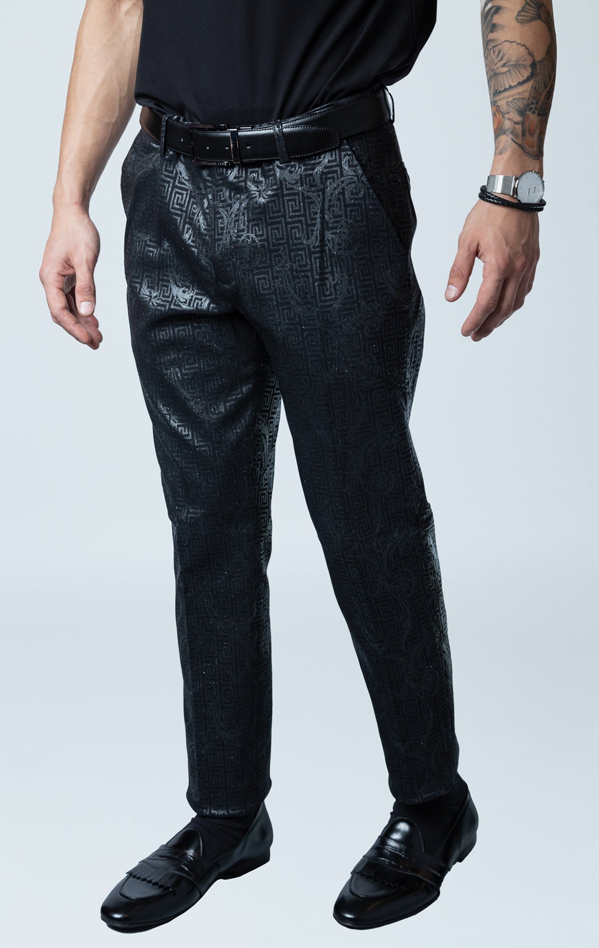 Black greek key pattern designer pants