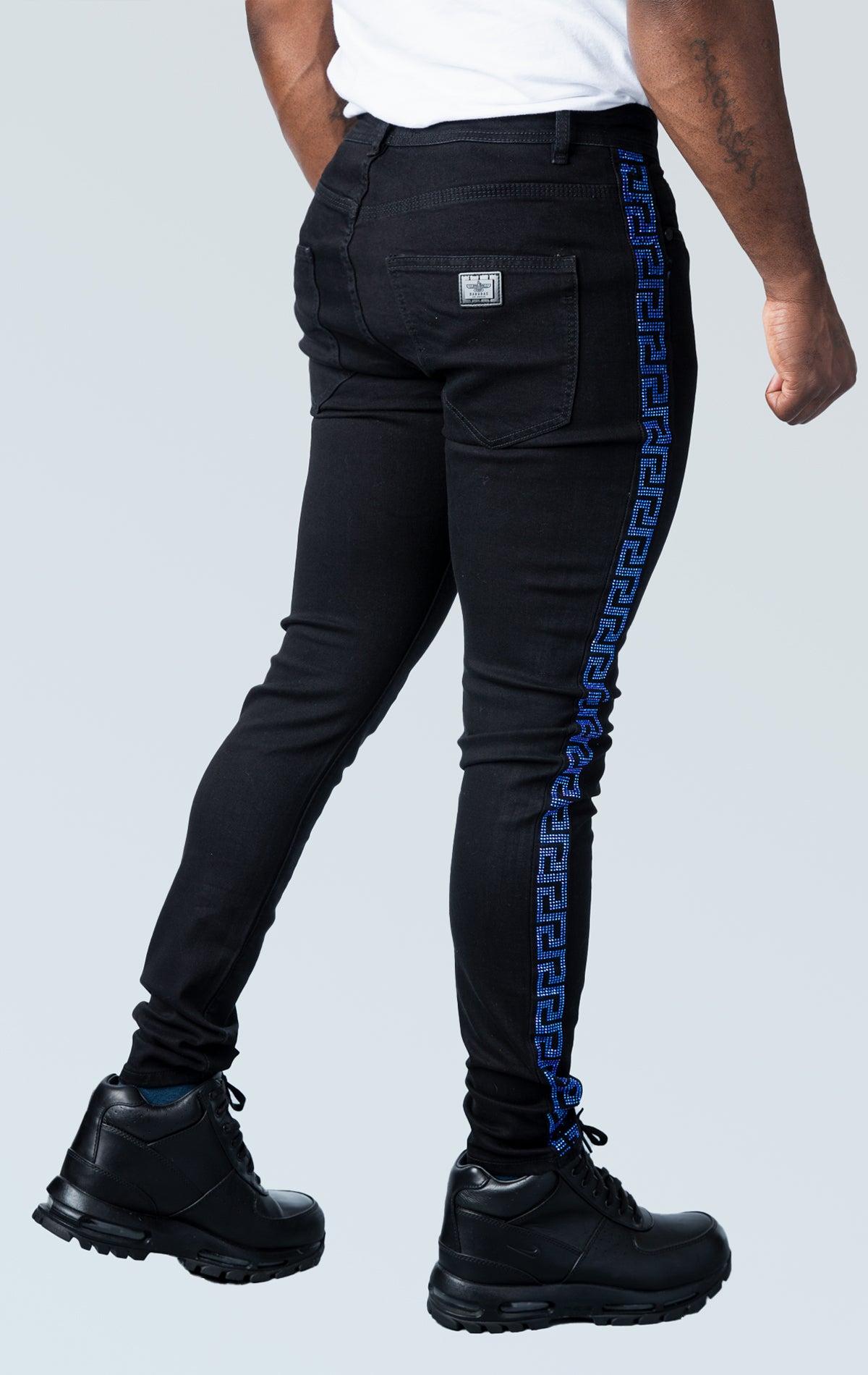 Black premium denim pants with unique blue sparkles side strip design.