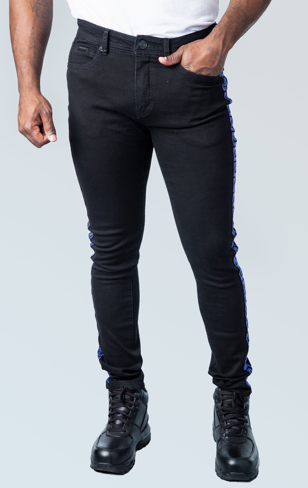 Black premium denim pants with unique blue sparkles side strip design.