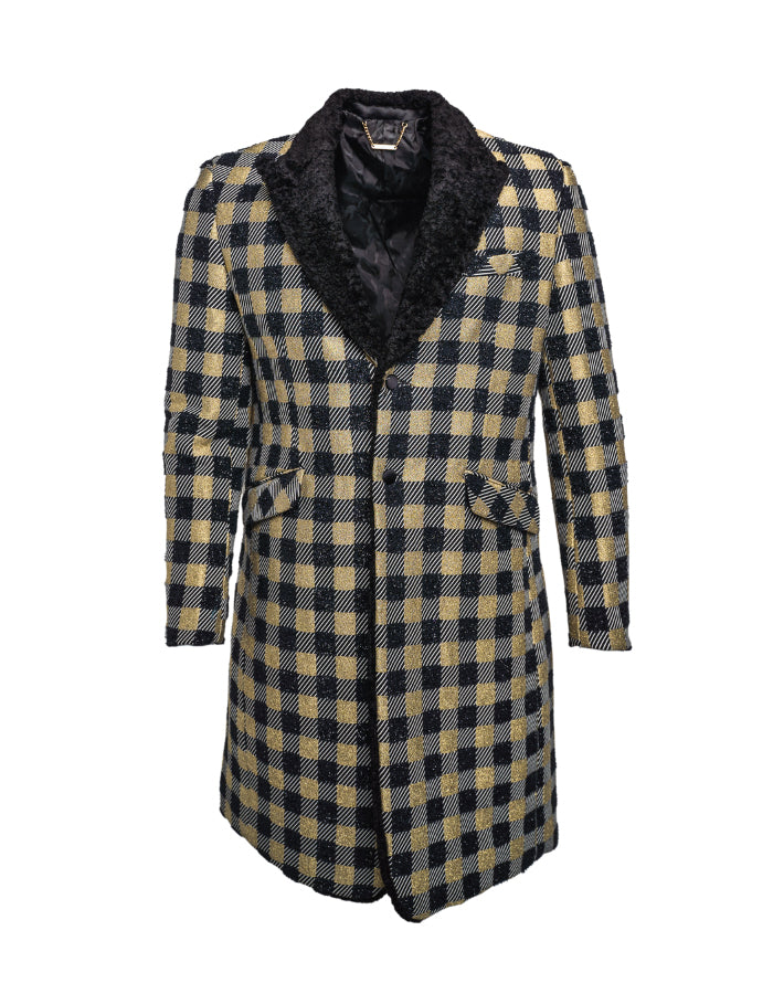 BBS FUR TRENCH - MENS JACKET - GOLD - PLAID - FRONT 