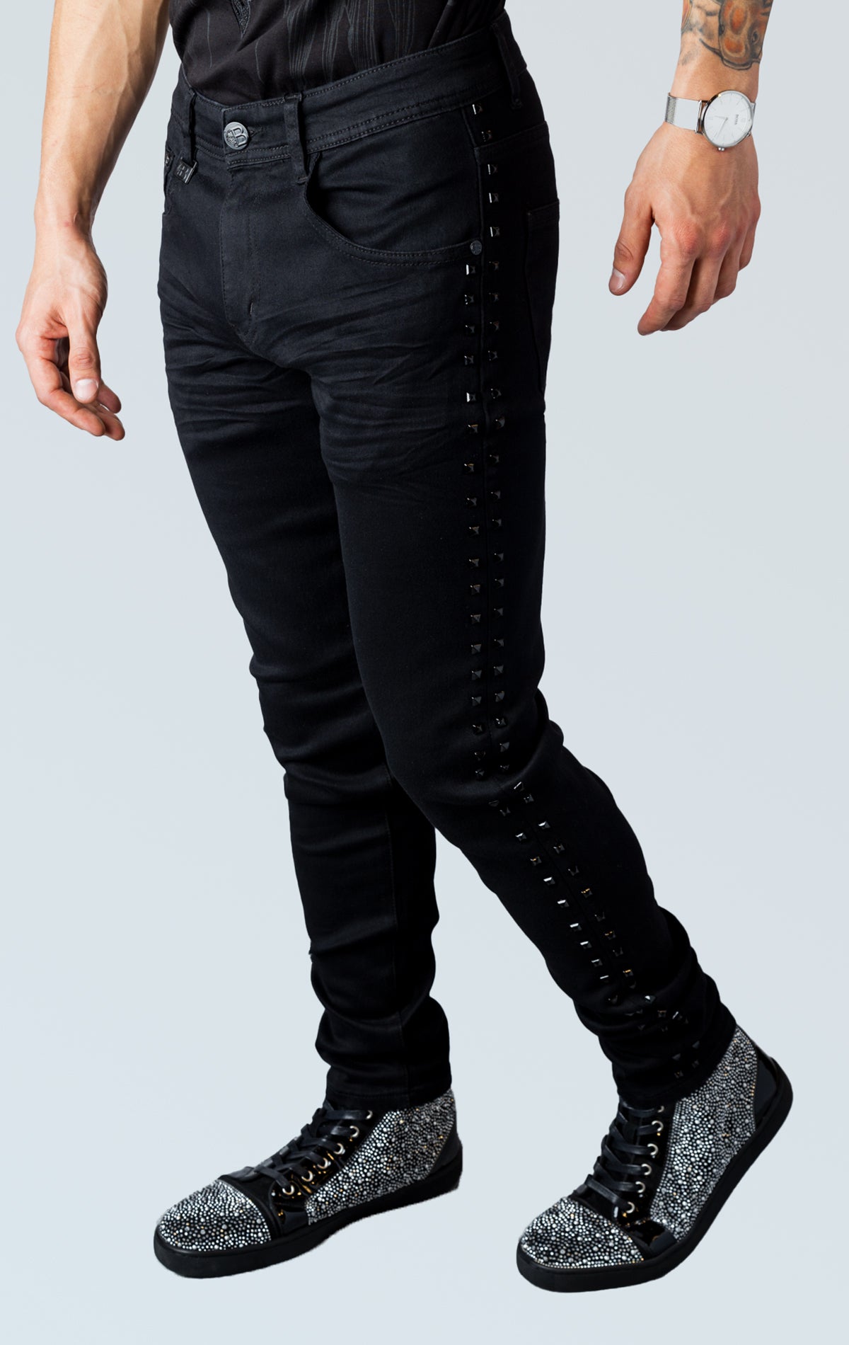 Black denim jeans with black studs