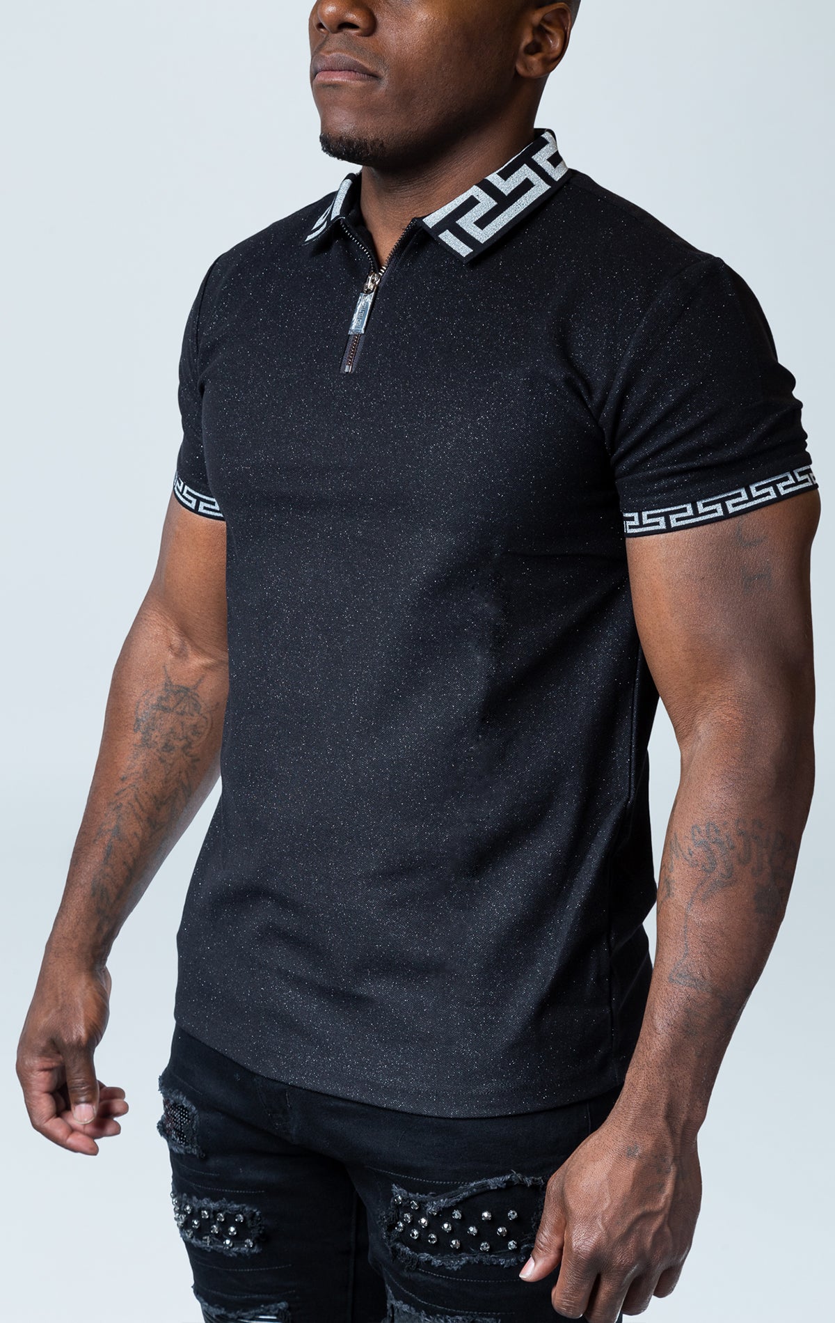 Black glitter short sleeve polo shirt with unique collar design