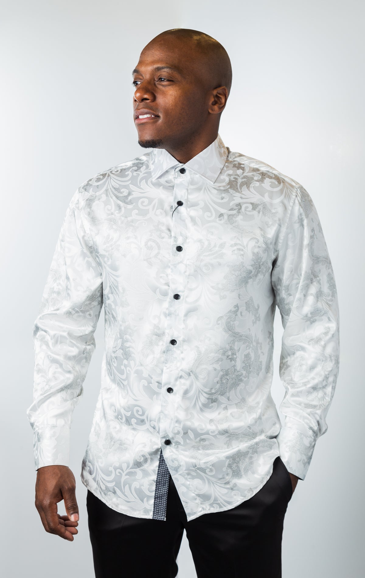 Long sleeve button up dress shirt with seamless pattern