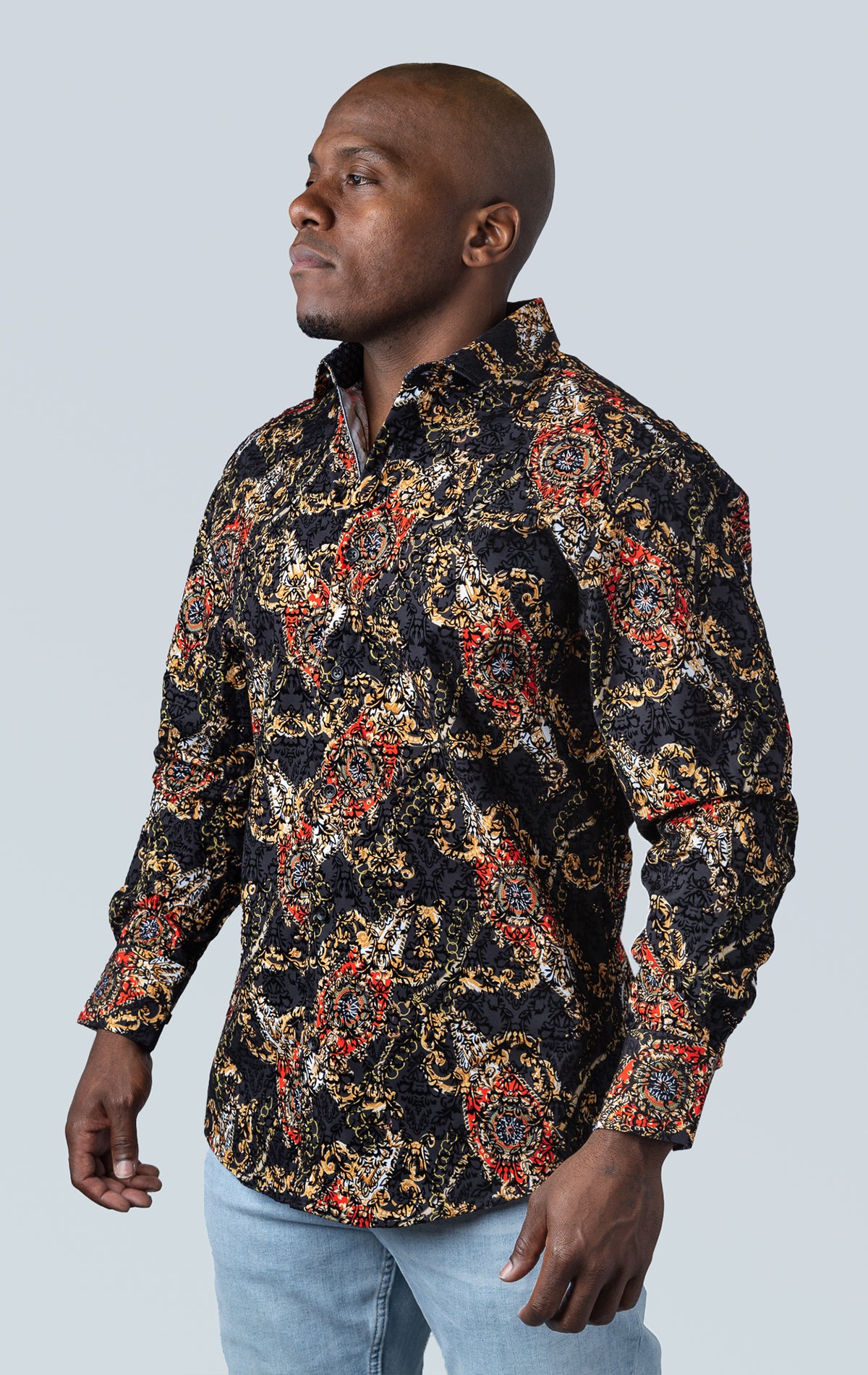 Long sleeve button up dress shirt with pattern